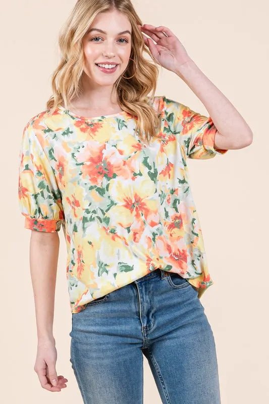 BOMBOM Floral Round Neck Puff Sleeve Top for Women - Love Salve